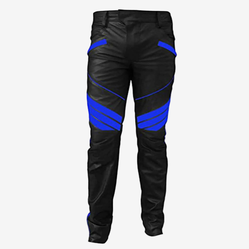 Men's Black & Blue Leather Biker Trousers – Padded Knees