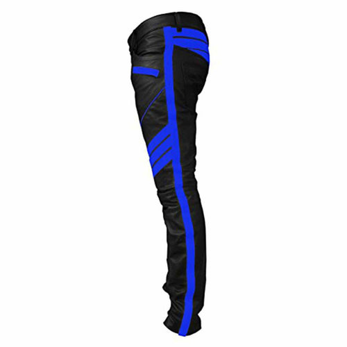 Men's Black & Blue Leather Biker Trousers – Padded Knees, view 2