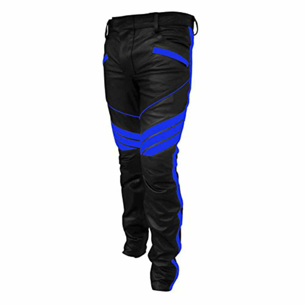 Men's Black & Blue Leather Biker Trousers – Padded Knees, view 3