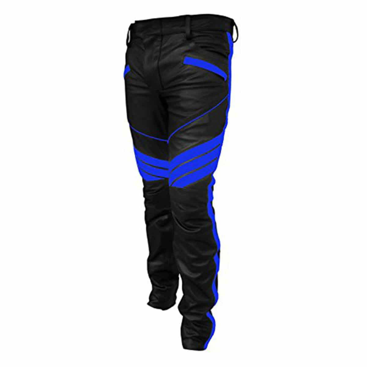 Men's Black & Blue Leather Biker Trousers – Padded Knees, view 3