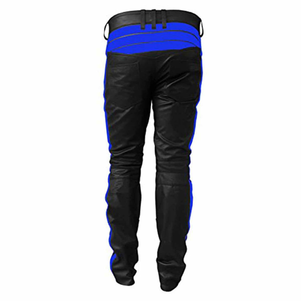 Men's Black & Blue Leather Biker Trousers – Padded Knees, view 4
