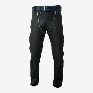 Men's Black & Blue Leather Punk Strap Jeans