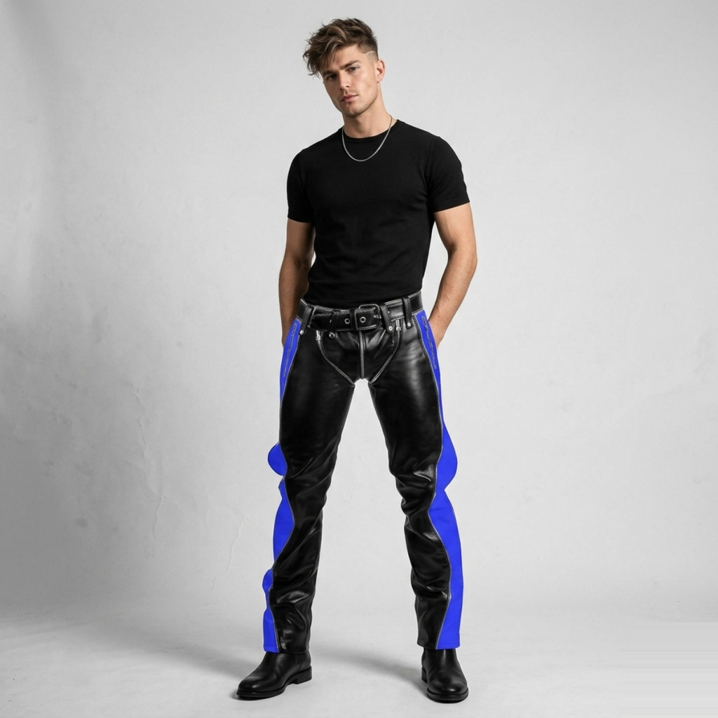 Men's Black & Blue Leather Punk Strap Trousers