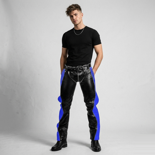 Men's Black & Blue Leather Punk Strap Trousers