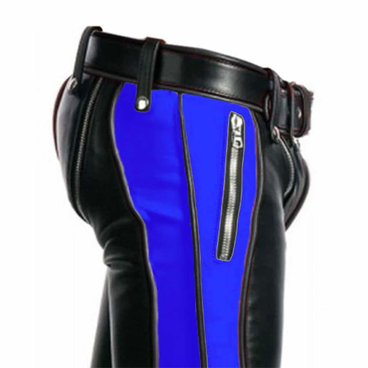 Men's Black & Blue Leather Punk Strap Trousers, view 2