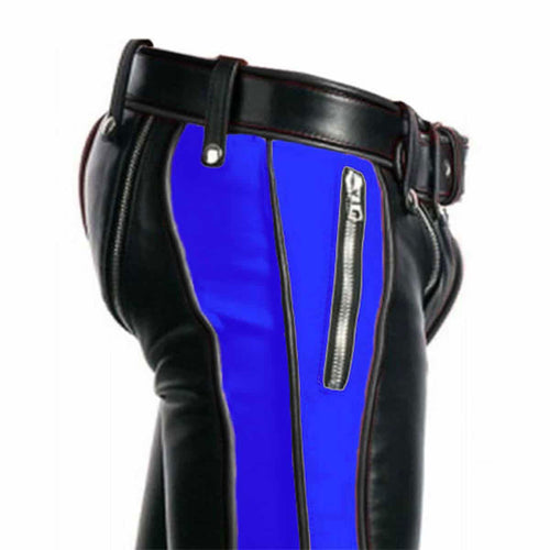 Men's Black & Blue Leather Punk Strap Trousers, view 2