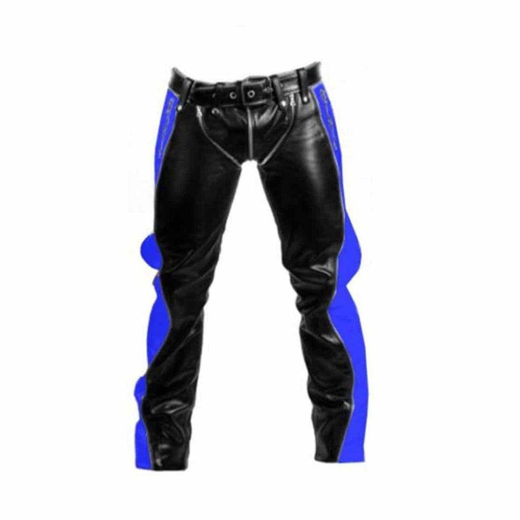 Men's Black & Blue Leather Punk Strap Trousers, view 3