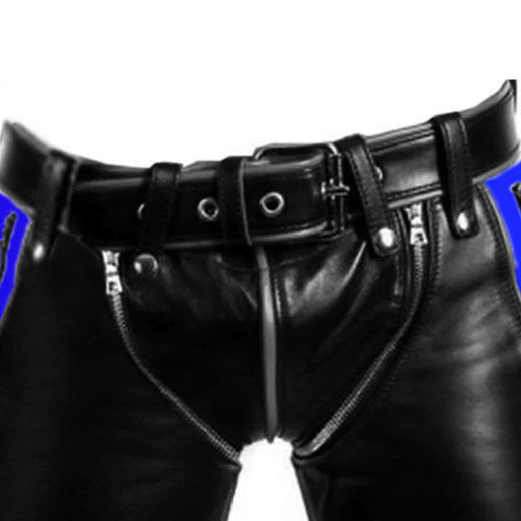 Men's Black & Blue Leather Punk Strap Trousers, view 4