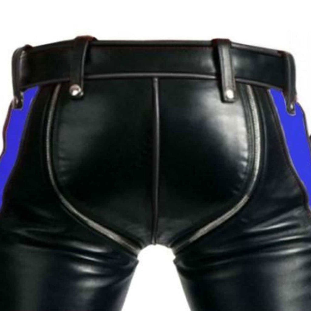 Men's Black & Blue Leather Punk Strap Trousers, view 5