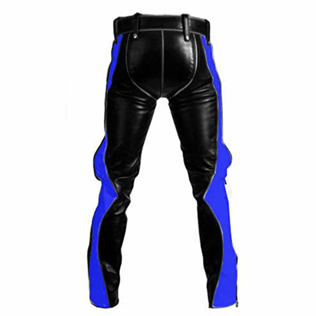 Men's Black & Blue Leather Punk Strap Trousers, view 7