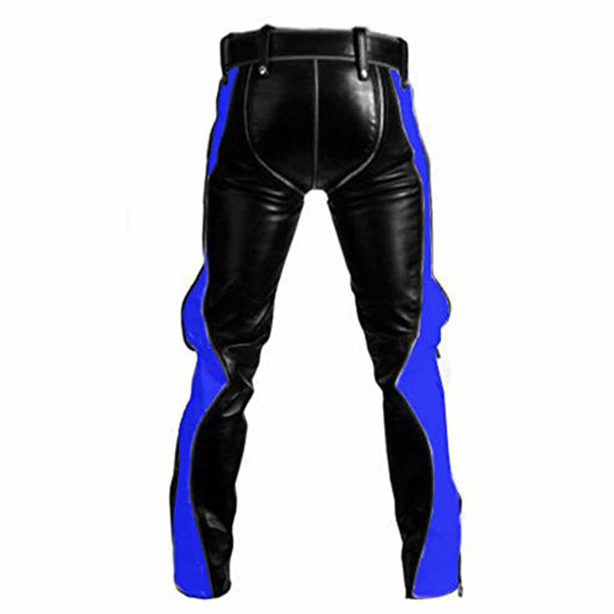 Men's Black & Blue Leather Punk Strap Trousers, view 7