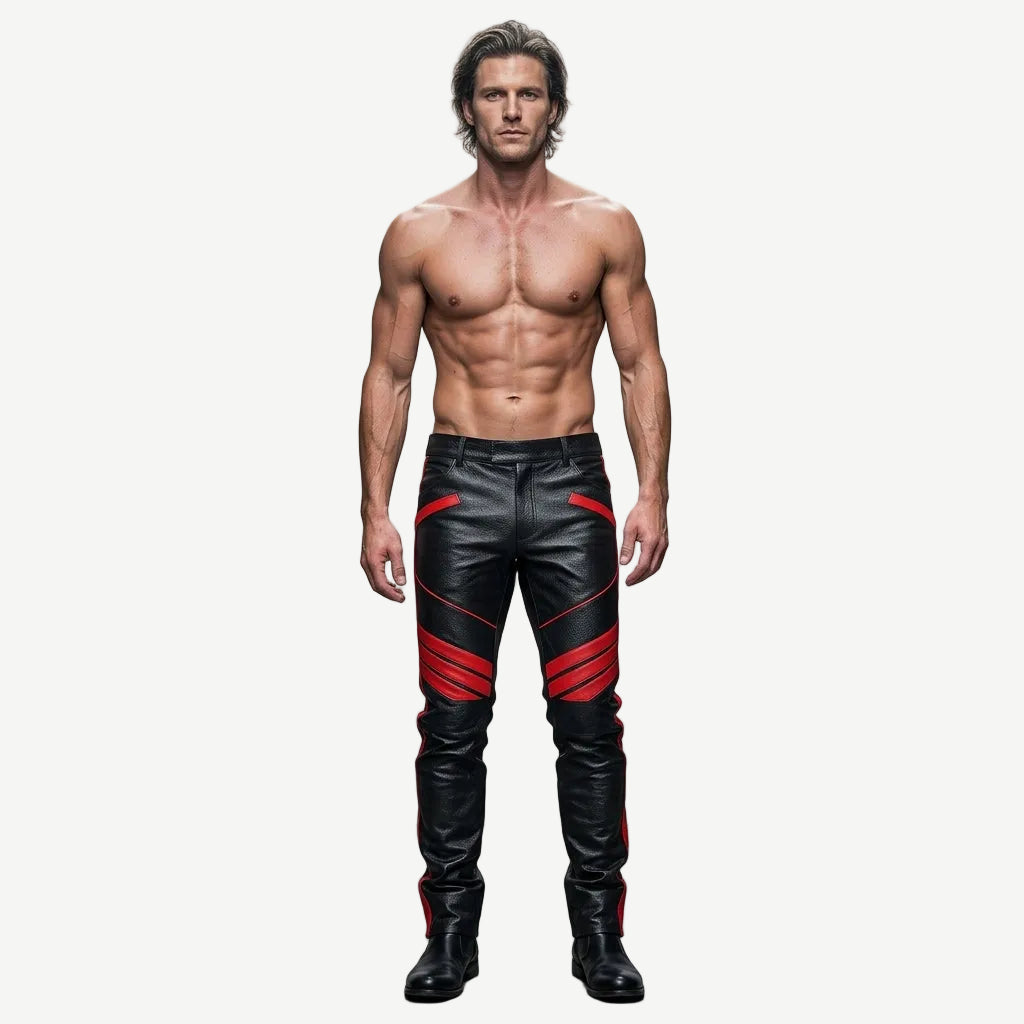 Men's Black & Red Leather Biker Trousers – Padded Knees