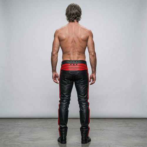 Men's Black & Red Leather Biker Trousers – Padded Knees, view 2