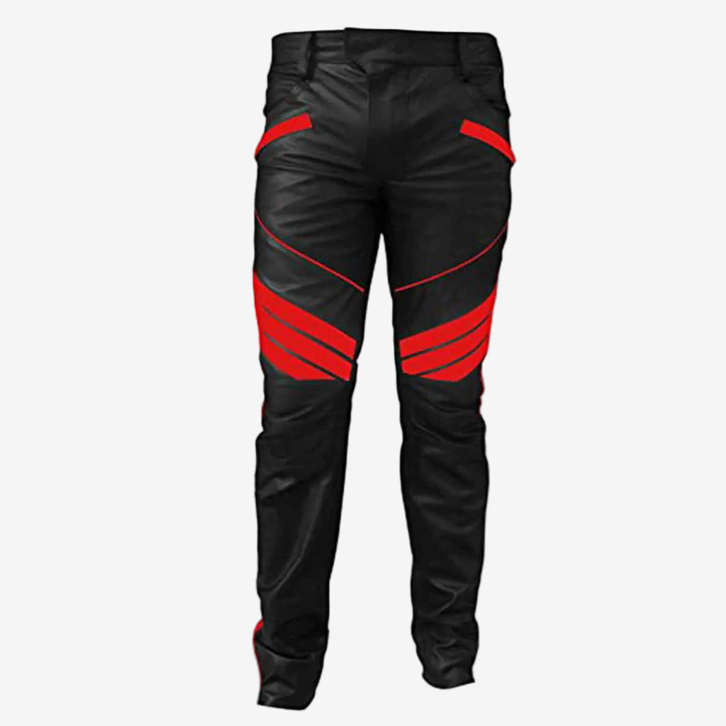 Men's Black & Red Leather Biker Trousers – Padded Knees, view 3
