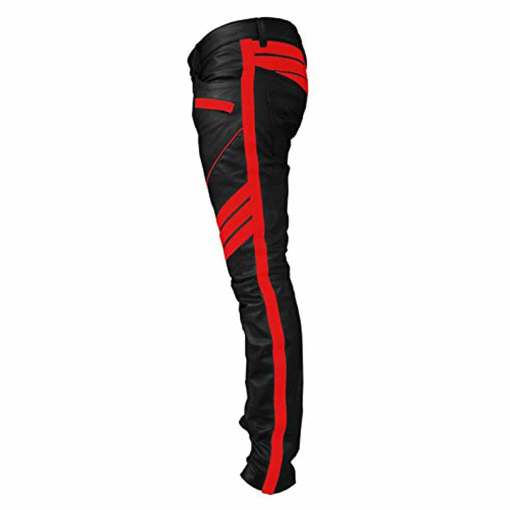 Men's Black & Red Leather Biker Trousers – Padded Knees, view 6