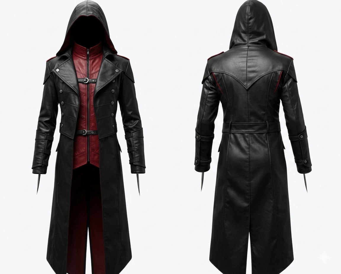 Men's Black & Red Leather Hooded Long Coat