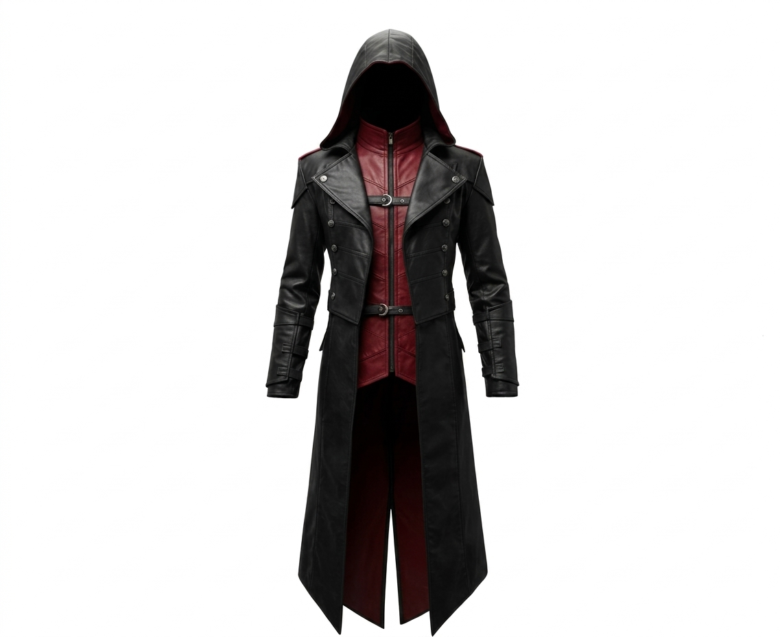 Men's Black & Red Leather Hooded Long Coat, view 2
