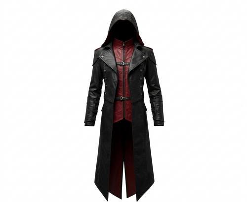 Men's Black & Red Leather Hooded Long Coat, view 2