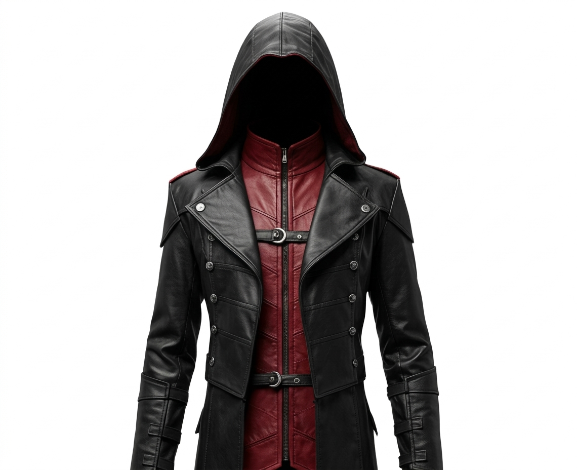 Men's Black & Red Leather Hooded Long Coat, view 3