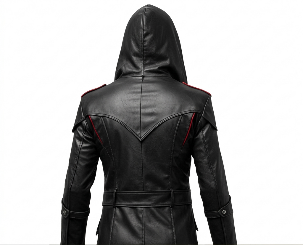 Men's Black & Red Leather Hooded Long Coat, view 4