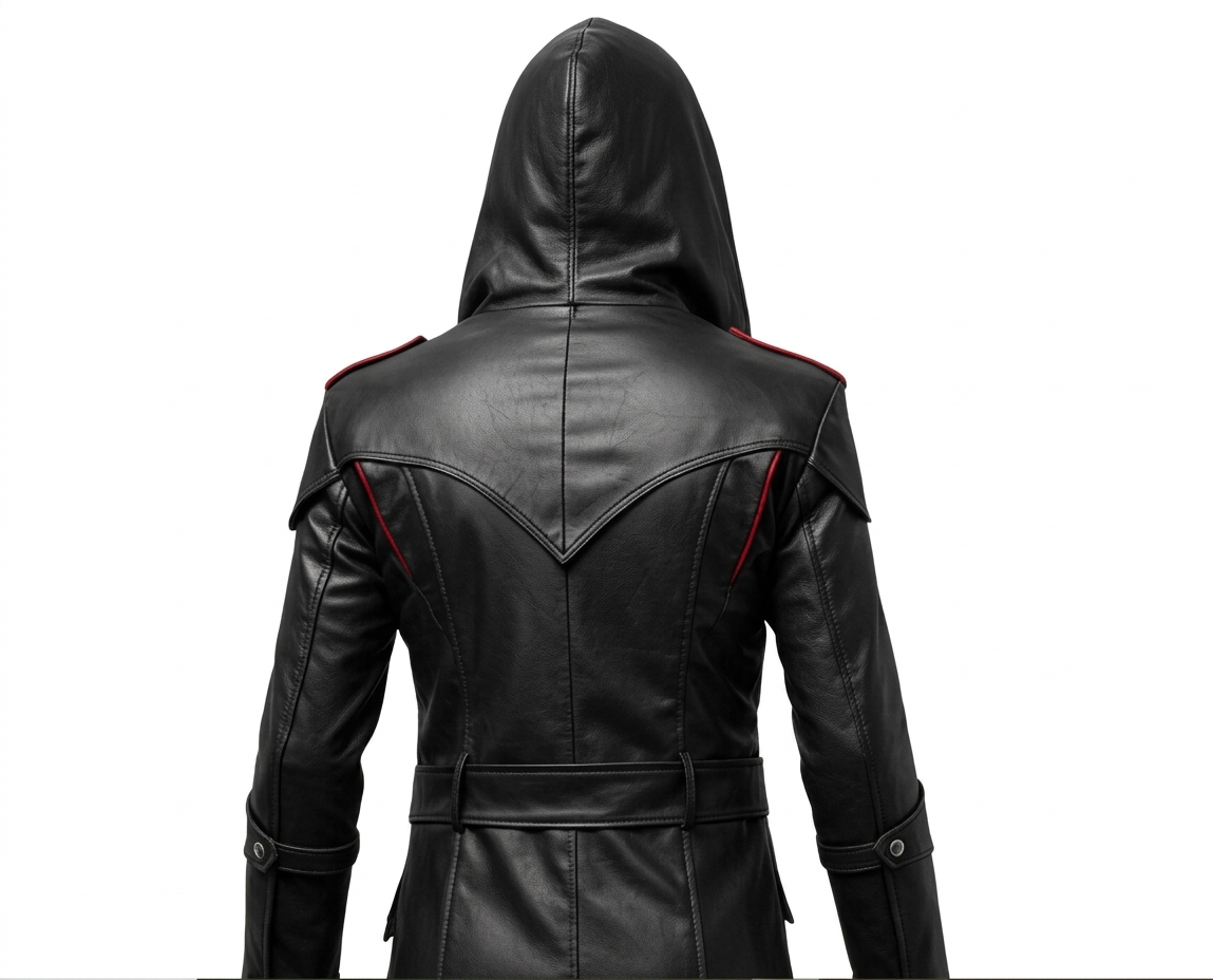 Men's Black & Red Leather Hooded Long Coat, view 4