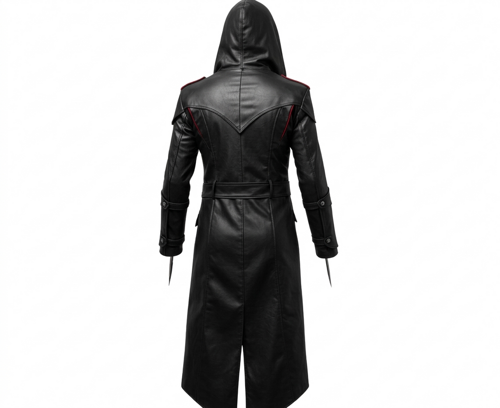 Men's Black & Red Leather Hooded Long Coat, view 5