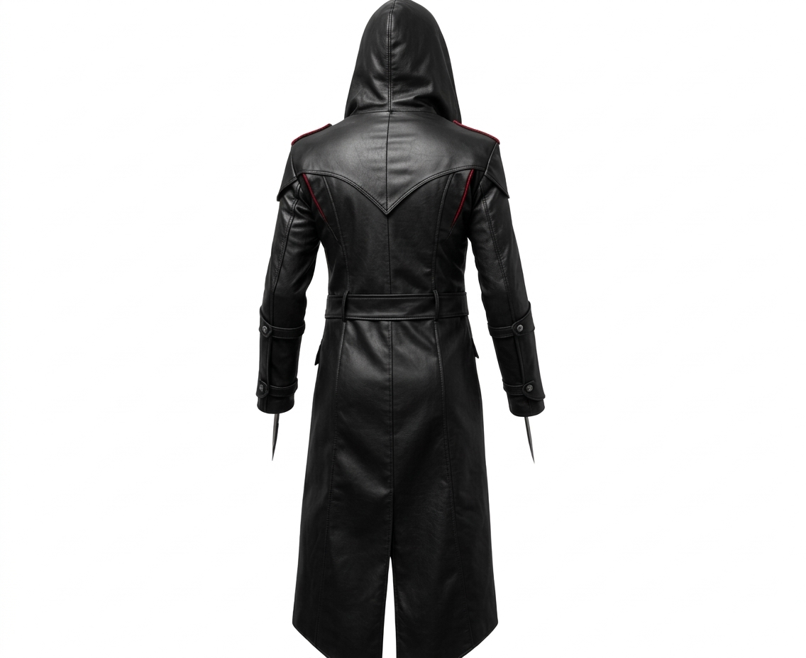 Men's Black & Red Leather Hooded Long Coat, view 5