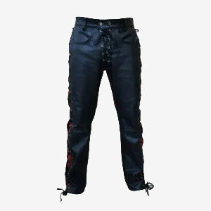 Men's Black & Red Leather Laced Trousers – Front & Side Lacing