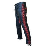Men's Black & Red Leather Laced Trousers – Front & Side Lacing, view 2