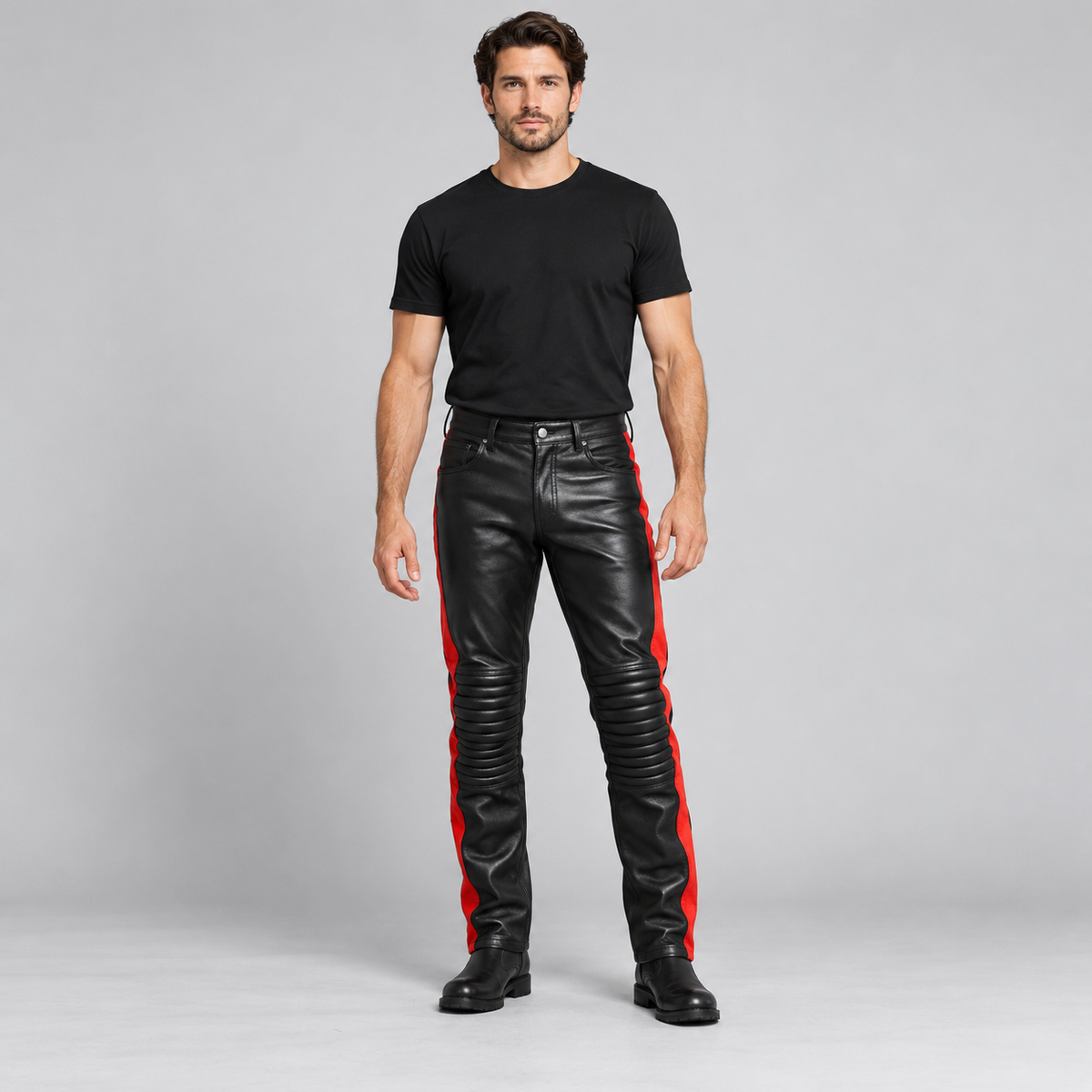 Men's Black & Red Leather Motorcycle Trousers – Snap Front