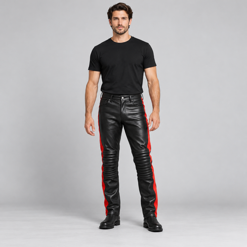 Men's Black & Red Leather Motorcycle Trousers – Snap Front