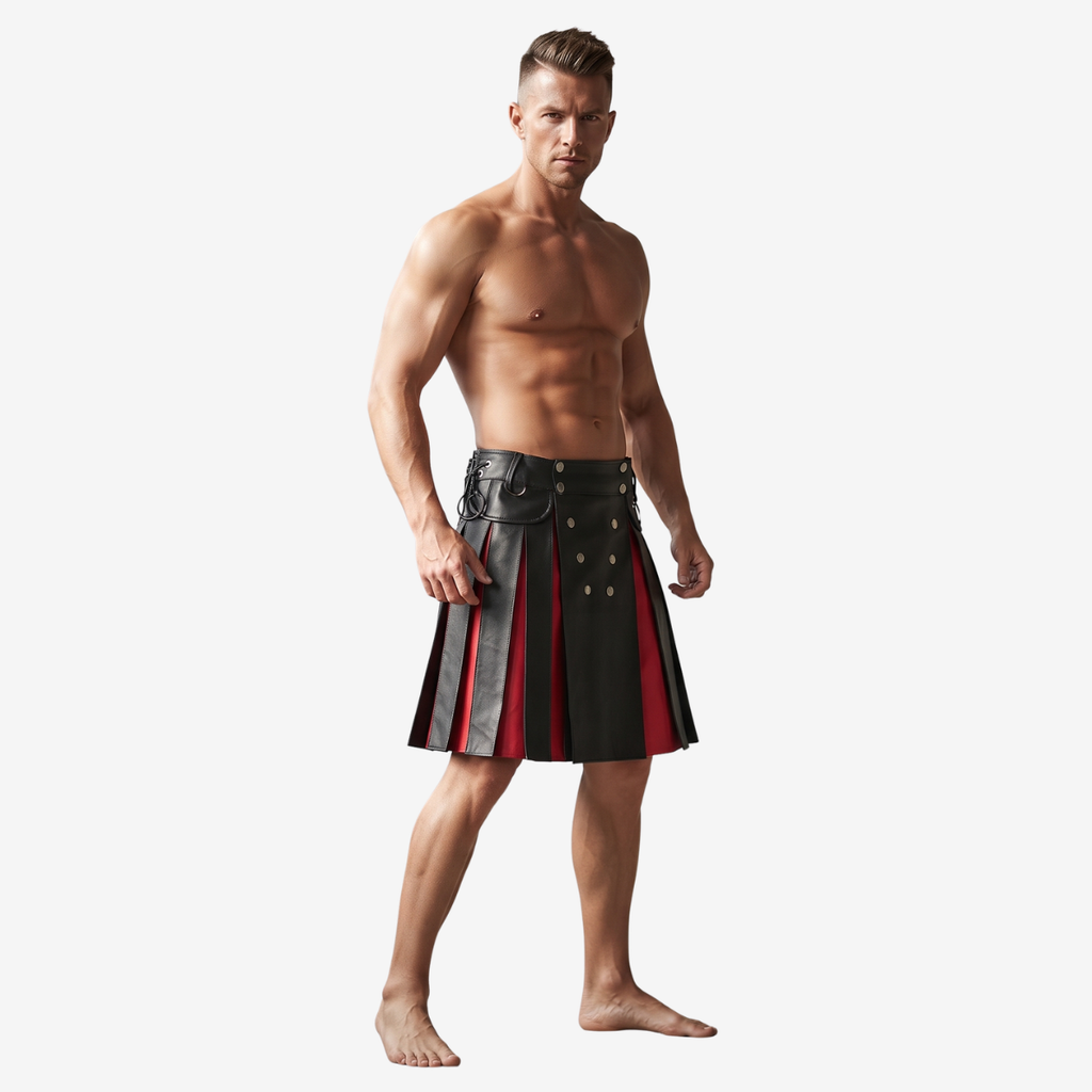 Men's Black & Red Leather Pleated Wrap Kilt