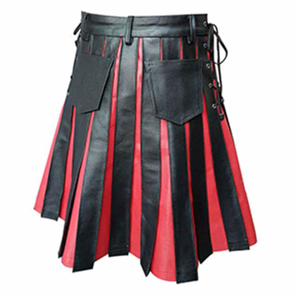 Men's Black & Red Leather Pleated Wrap Kilt, view 3