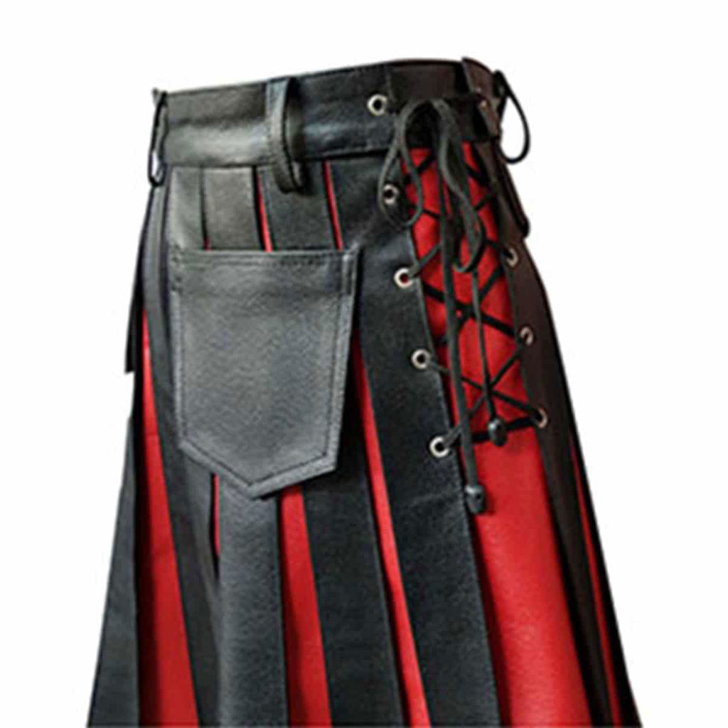 Men's Black & Red Leather Pleated Wrap Kilt, view 4