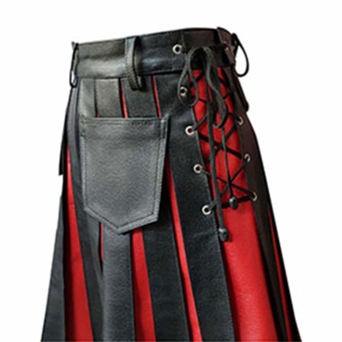 Men's Black & Red Leather Pleated Wrap Kilt, view 4