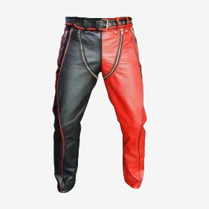 Men's Black & Red Leather Punk Strap Jeans