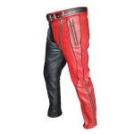 Men's Black & Red Leather Punk Strap Jeans, view 3