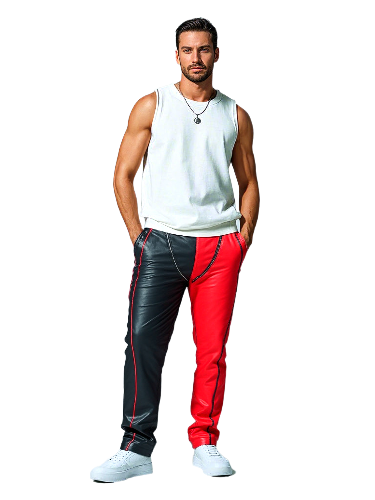 Men's Black & Red Leather Punk Strap Jeans, view 5