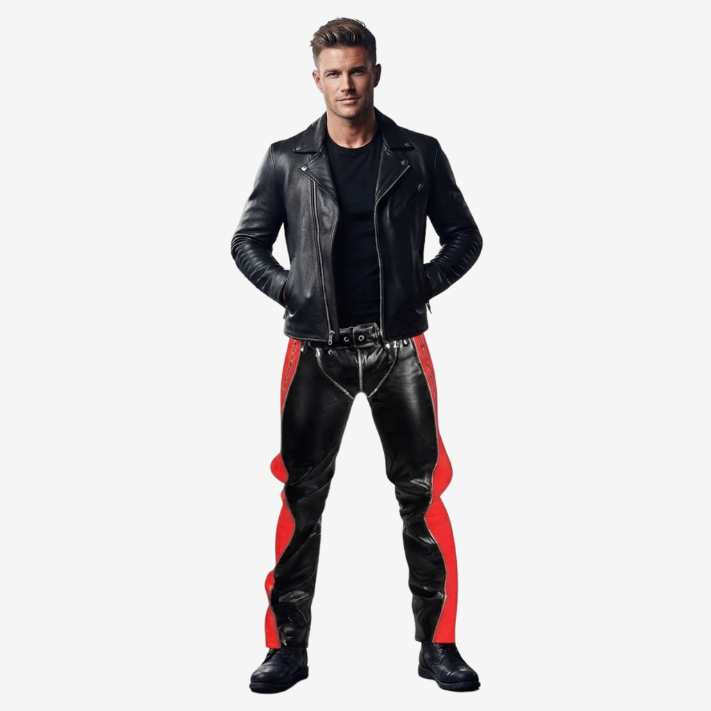 Men's Black & Red Leather Punk Strap Trousers