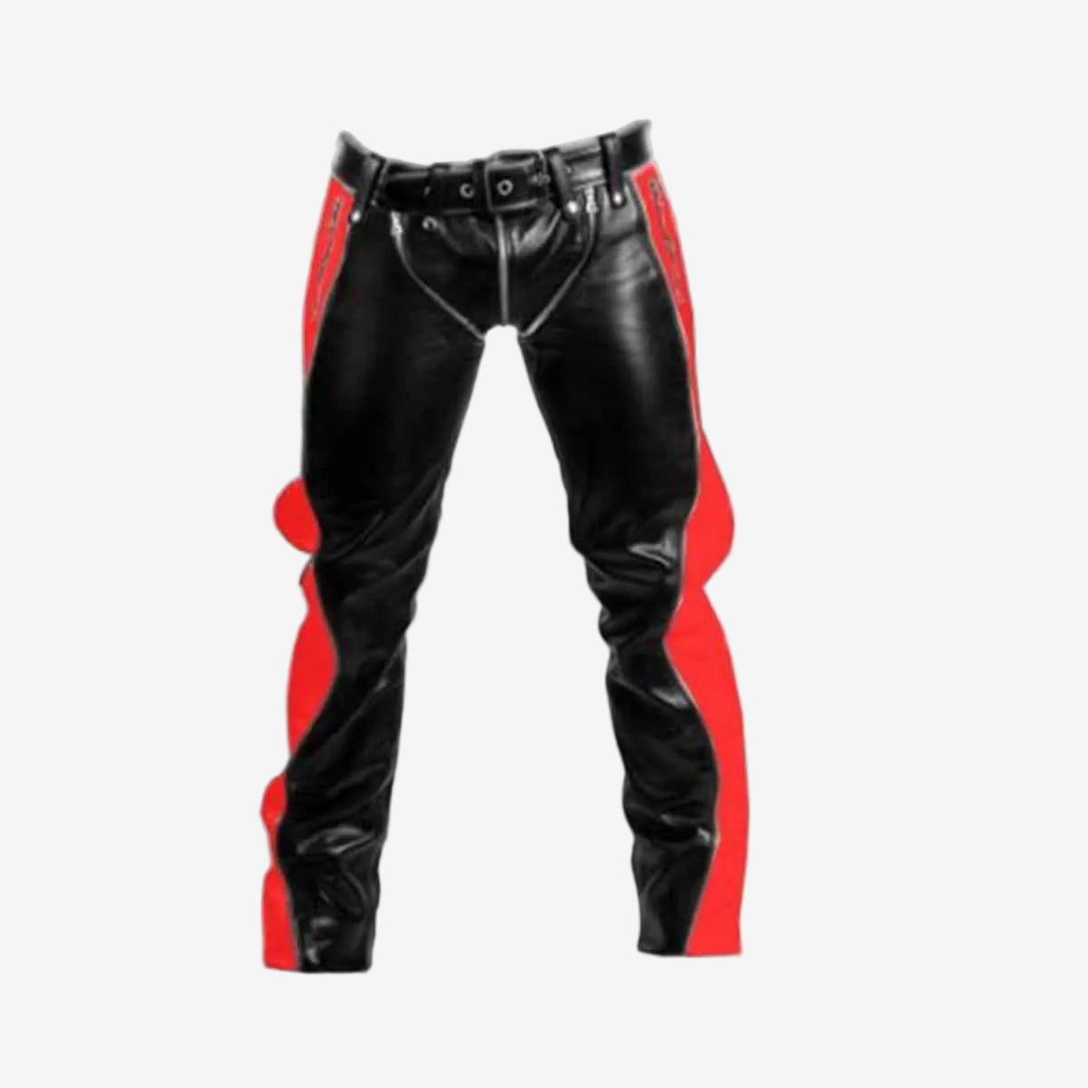 Men's Black & Red Leather Punk Strap Trousers, view 2
