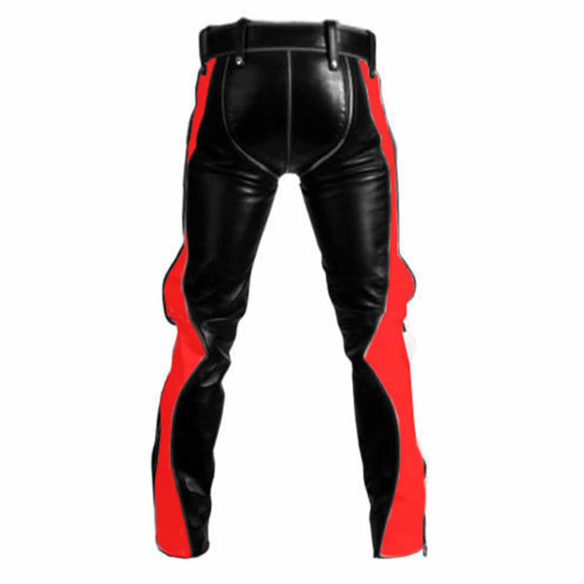 Men's Black & Red Leather Punk Strap Trousers, view 3
