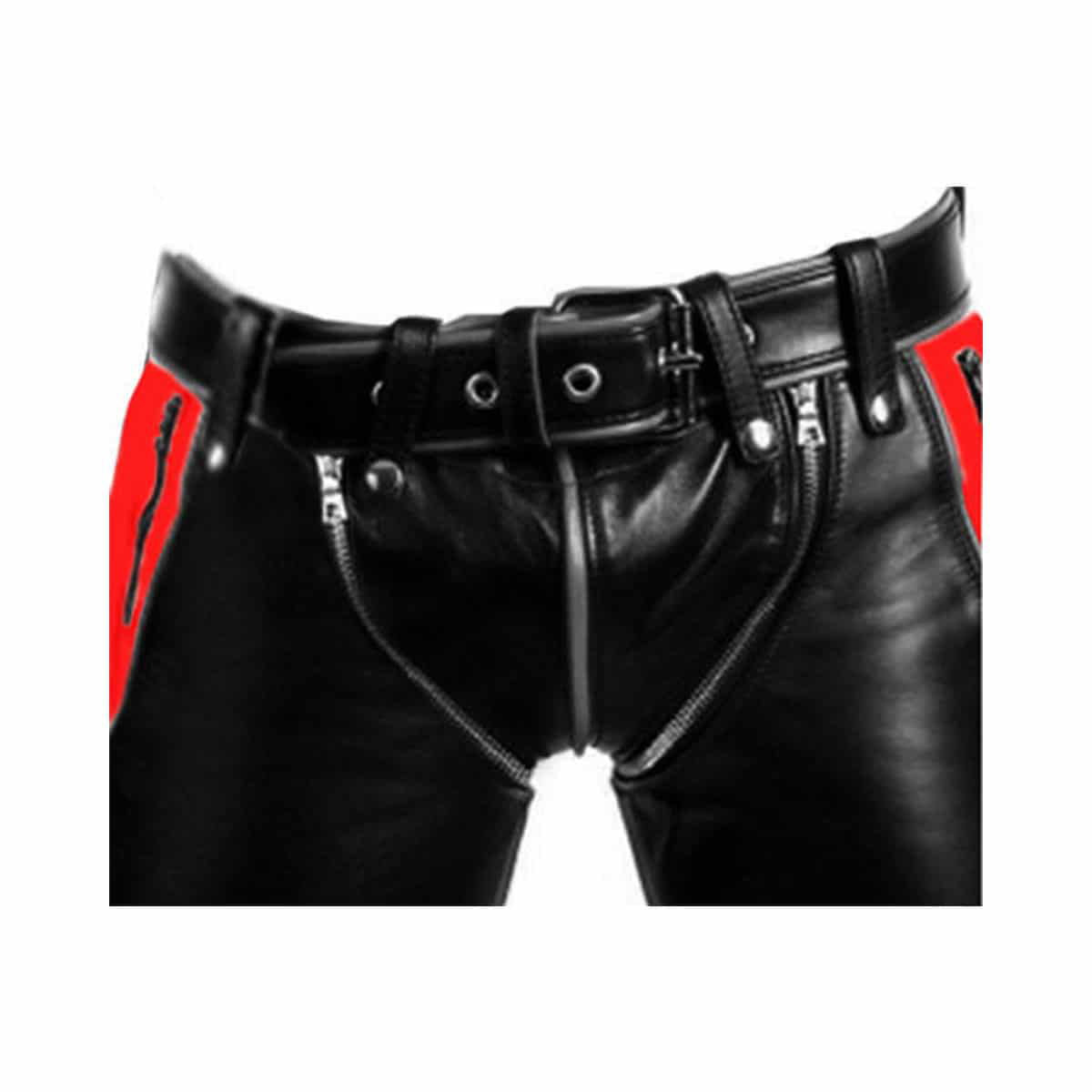 Men's Black & Red Leather Punk Strap Trousers, view 4