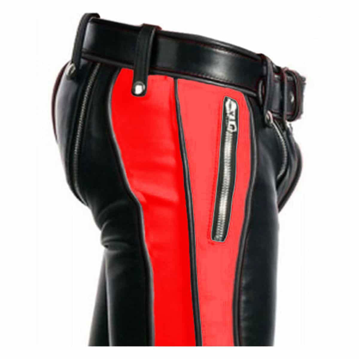 Men's Black & Red Leather Punk Strap Trousers, view 5
