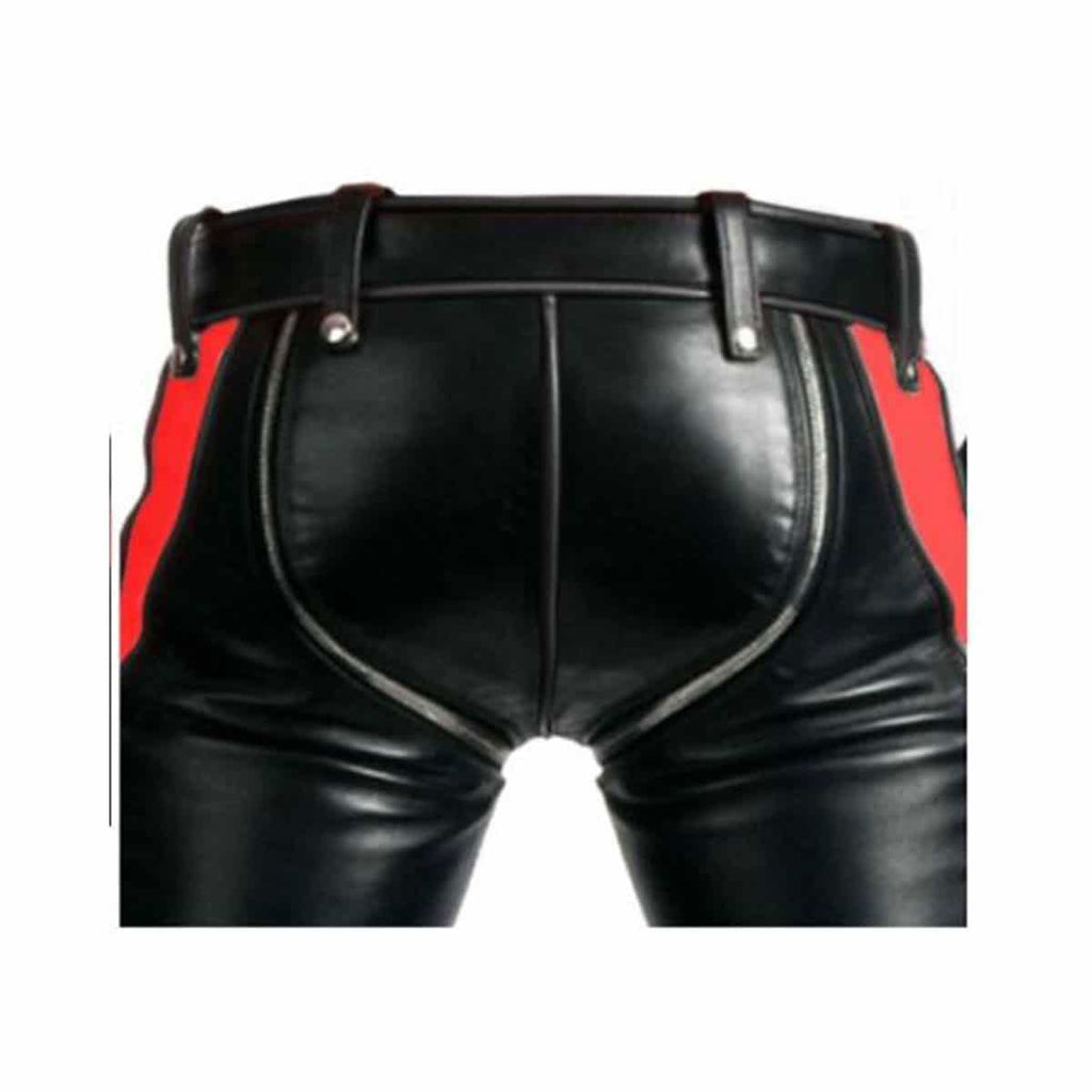Men's Black & Red Leather Punk Strap Trousers, view 6