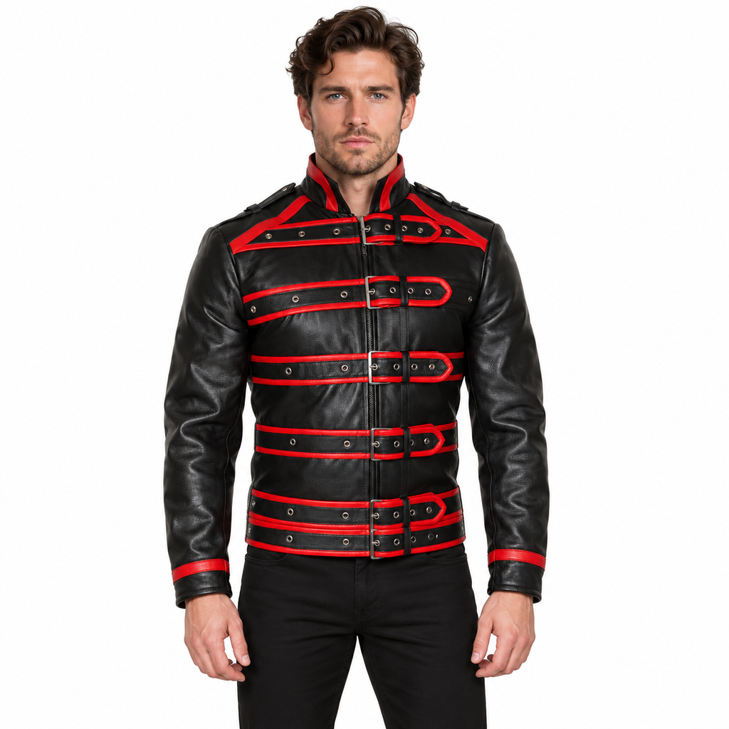 Men's Black & Red Leather Strap Jacket – Six Buckles