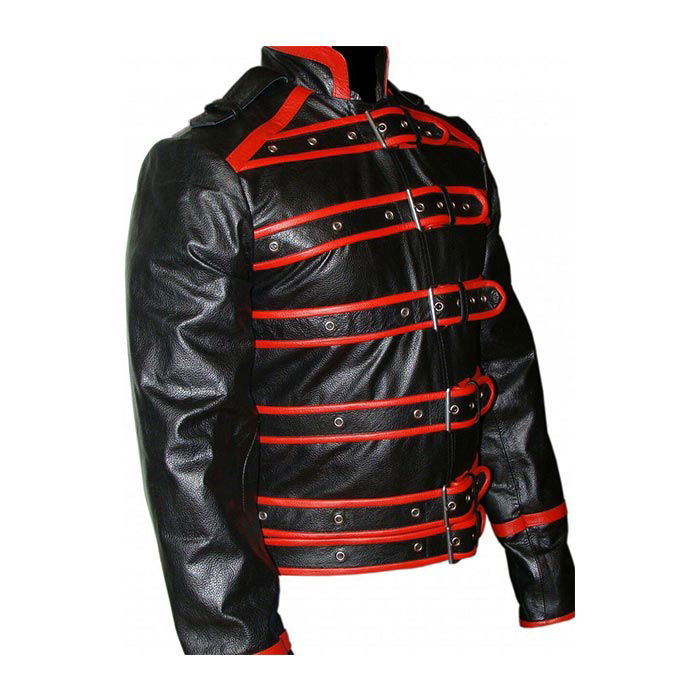 Men's Black & Red Leather Strap Jacket – Six Buckles, view 2