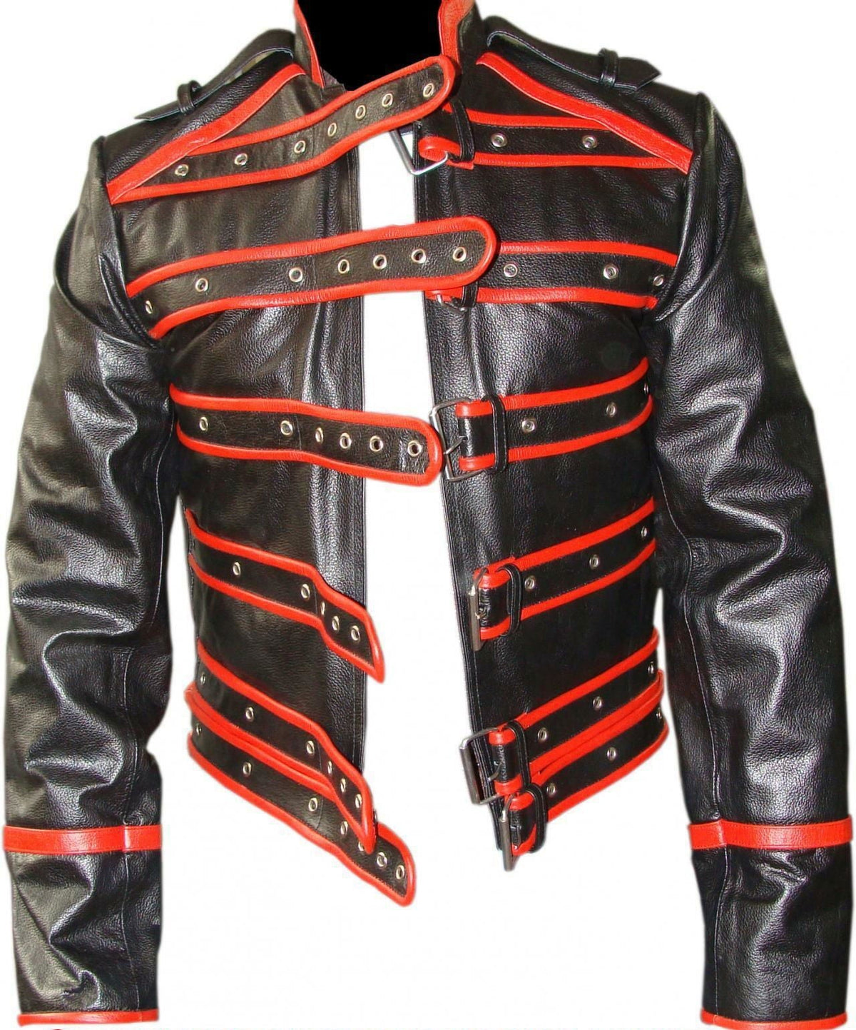 Men's Black & Red Leather Strap Jacket – Six Buckles, view 3
