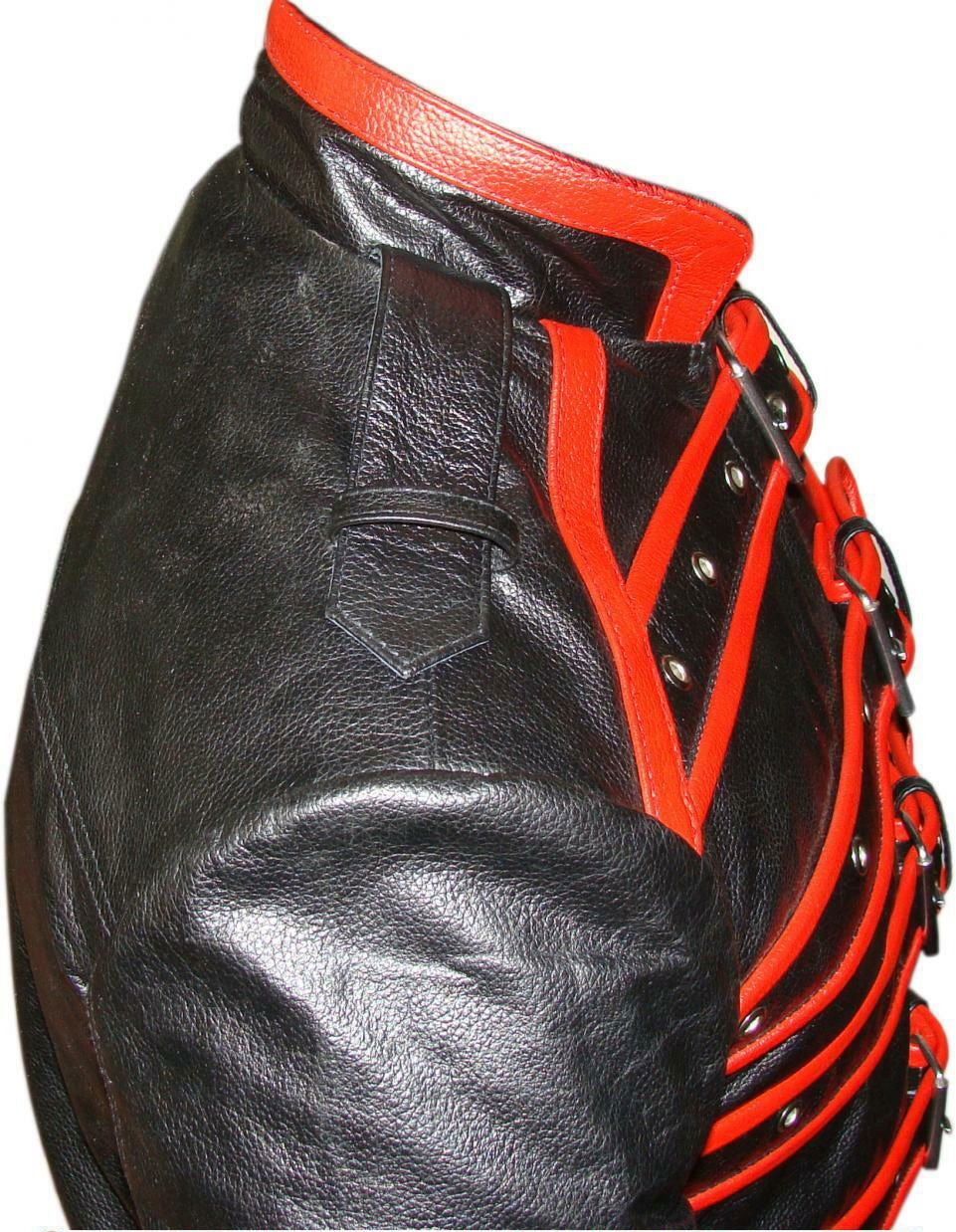 Men's Black & Red Leather Strap Jacket – Six Buckles, view 5