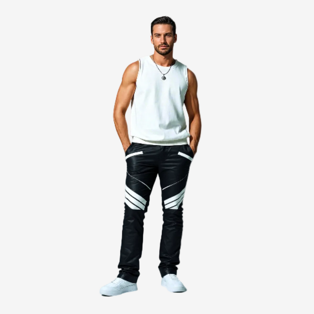 Men's Black & White Leather Biker Trousers – Padded Knees