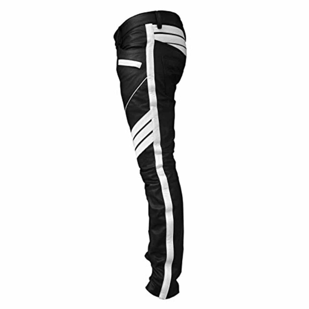 Men's Black & White Leather Biker Trousers – Padded Knees, view 2